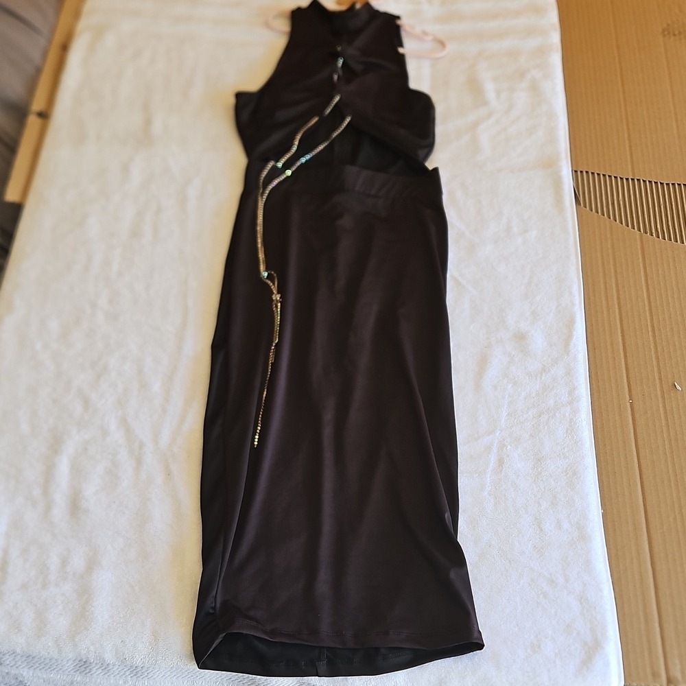 A3 Design Black Sleeveless Midi Bodycon Dress Satin Rhinestone Zip Size S